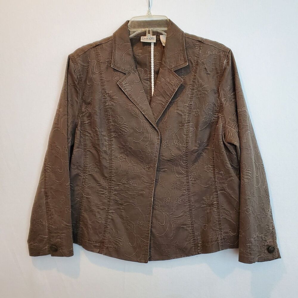 Chicos Women's Blazer Lrg Floral Embossed Taupe Rockabilly Dark Textured